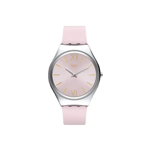 SWATCH Skin Irony Collection Кварцевый механизм Женские часы 45,6 мм Розовый циферблат Корпус из нержавеющей стали Силиконовый ремешок