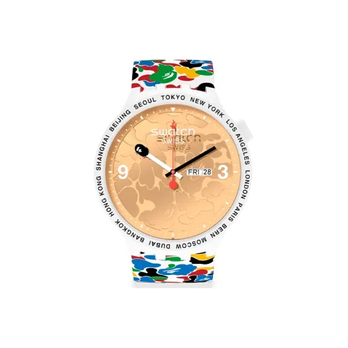SWATCH BAPE Collaboration Кварцевый механизм Унисекс Часы 47 мм Белый циферблат Пластиковый корпус Часы Силиконовый ремешок