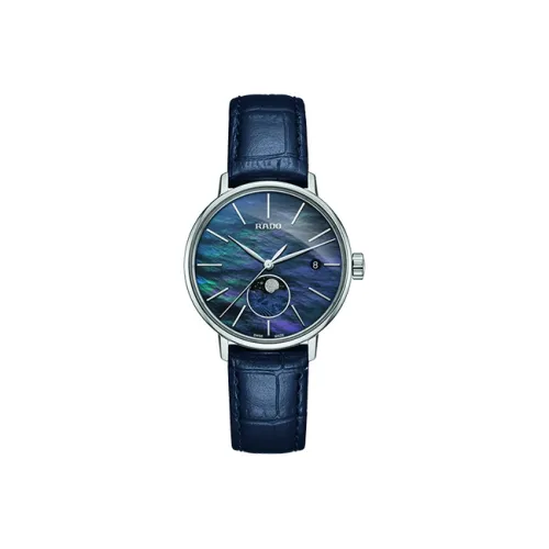 RADO Crystal Sparkle Collection Кварцевый механизм Женские часы 34 мм Синий циферблат Корпус из нержавеющей стали Кожаный ремешок