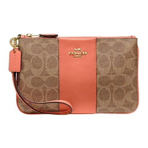 COACH Wristlet Покрытый холст с телячьей кожей запястный кошелек мелочь маленький женский хаки и светло-коралловый красный