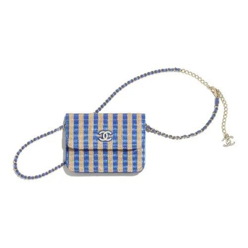 CHANEL Волокно Желтая Джутовая Нить Металлическая Сумка через плечо Бананка Маленькая Женская Синяя Бежевая