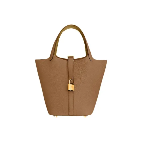 HERMES Picotin Lock Кожа Taurillon Clemence Золотой Тон Замок Сумка-ведро Сумка 18 Женская Каштановый Цвет печенья