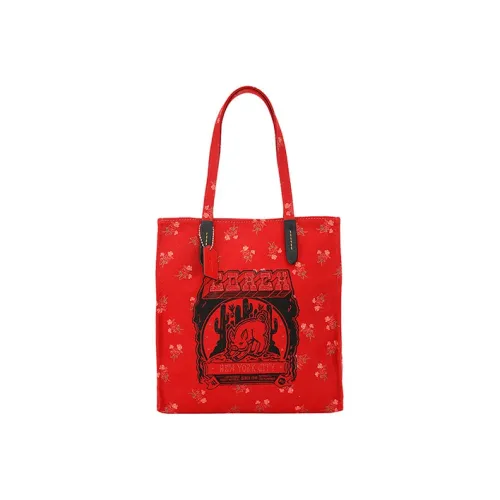 COACH Recycled Tote Холст с печатью кожа вставки тоут сумка сумка для покупок сумка на плечо большая женская красная