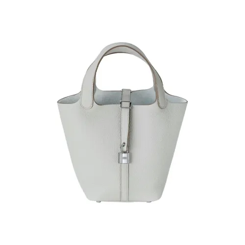 HERMES Picotin Lock Clemence Bullock Кожа Корзина Сумка Ведрообразная Сумка Сумка 18 Женская 80 Gris Perle Жемчужно-Серый