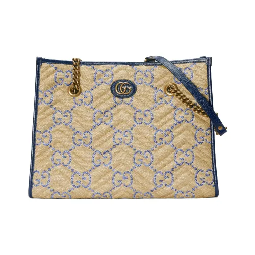 GUCCI GG Marmont Рафия Ткани вязаные с Diagonal Полосы Quilted Кожа Сумка сумка через плечо Женские Бежевый Синий