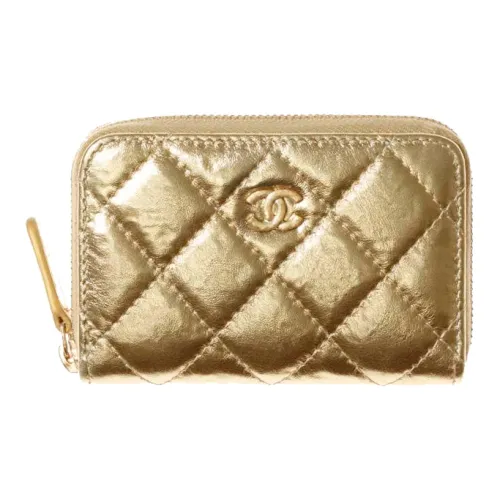 CHANEL 21K Winter Металл Текстура Телячья кожа Ручной Зиппер Кошелек Картхолдер Монетница Женские Золотой
