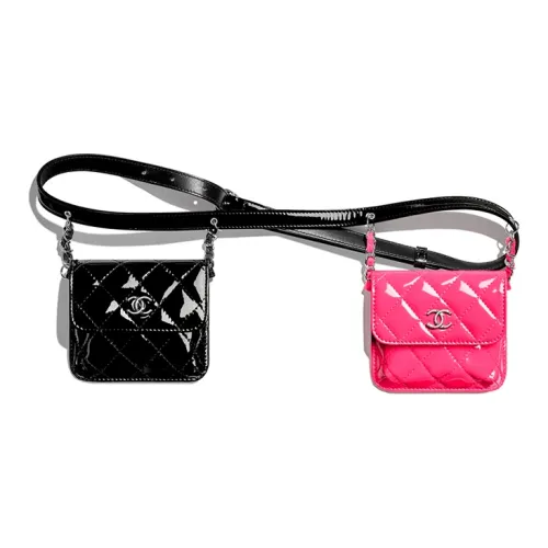 CHANEL Лакированная кожа Коровья кожа Двойные сумки Сумки с откидной крышкой Сумки через плечо Поясные сумки Женские Черный Розовый