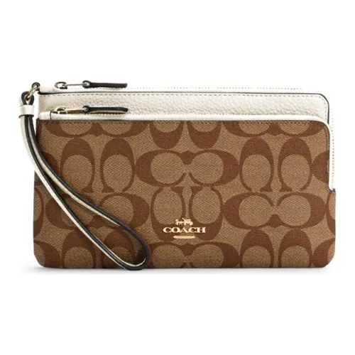 COACH Double Zip Wallet Кожа Картхолдер Клатч Кошелек Средний Женские Saddles Коричневый монограммный Белый