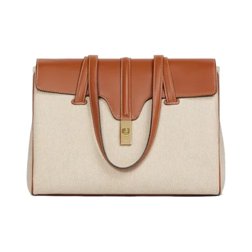 CELINE 16 Ткань и Коровья Кожа Сумка Сумка через плечо Средняя Женская Рыжевато-коричневый Белый