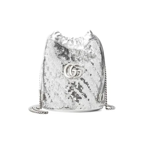 GUCCI Marmont Блестки Шнур Сумка-ведро Сумка через плечо Мини Женская Серебряная