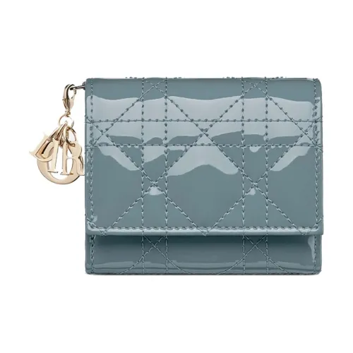 DIOR Lady Dior Лакированная кожа Телячья кожа Кошелек Держатель для карт Женский Серый Синий