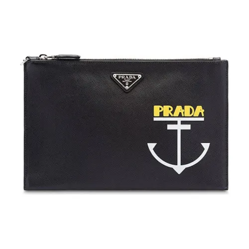 PRADA Luggage Collection Крестообразная текстура Коровья кожа Клатч Унисекс Черный