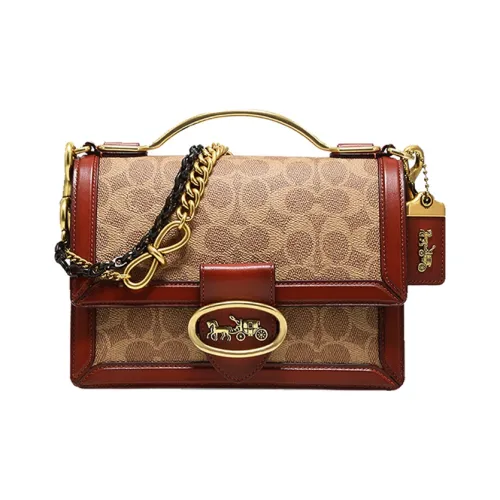 COACH Riley С кожаными вставками Портативная сумка через плечо маленькая сумка через плечо женский хаки и красно-коричневый