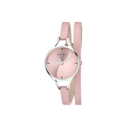 Elixa Кварцевый механизм Женские часы 30MM Розовый циферблат Часы Корпус из нержавеющей стали Ремешок из натуральной кожи