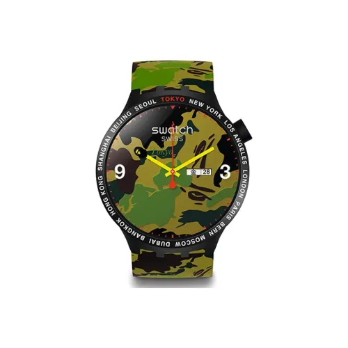 SWATCH BAPE совместный бренд Кварцевый механизм Унисекс Часы 47 мм Зеленый циферблат Пластиковый корпус часов