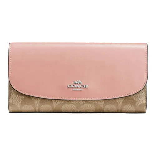 COACH Checkbook Wallet из ПВХ с кожаными вставками покрытый холст кошелек женский коричневый и розовый
