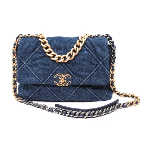 CHANEL 19Bag Деним Сумка с клапаном Курьерская сумка Сумка через плечо Средний Женская Джинсовый синий