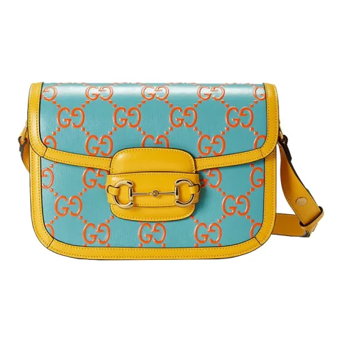 GUCCI Horsebit 1955 Кожа Седло Сумка Сумка через плечо Сумка Обычный Женский Небесно-голубой и Желтый