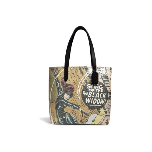 COACH Marvel Black Widow Коллаборация Холст с гладкой кожей Тоут Сумка Сумка для покупок Сумка на плечо Сумка Большая