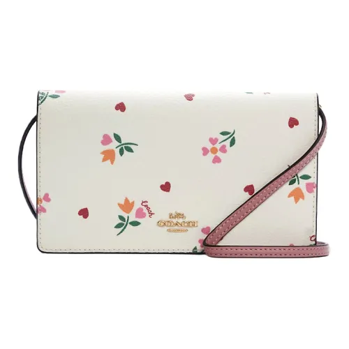COACH Anna Покрытие Холст Кожаная Вставка Конверт Сумка Сумка через плечо Маленькая Женская Розовая Белая Многоцветная