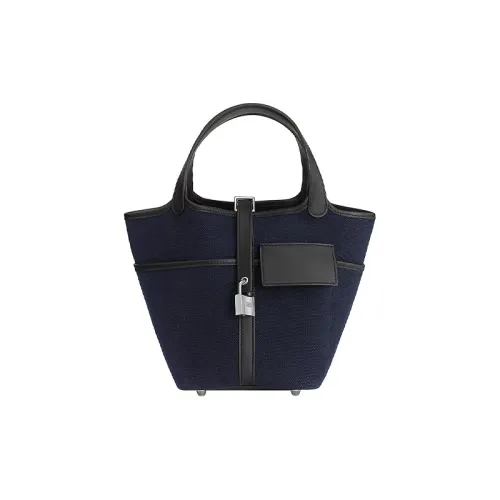 HERMES Холст Swift Телячья кожа Корзина Сумка Сумка-ведро Сумка Унисекс Глубокое море Синий Черный