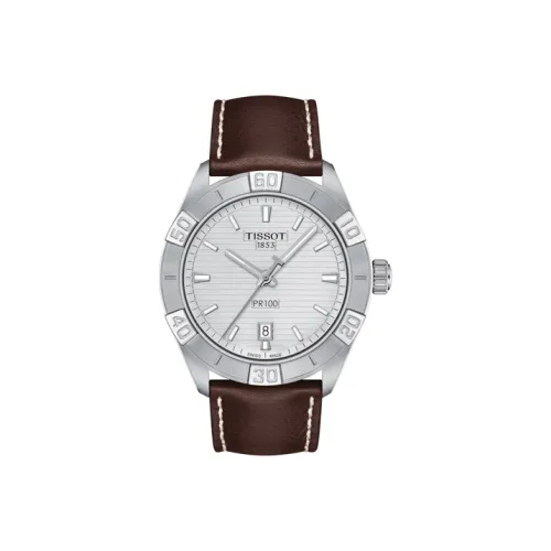 TISSOT PR100 Collection Кварцевый механизм Мужские часы Часы 42 мм Белый циферблат Корпус из нержавеющей стали Кожаный ремешок