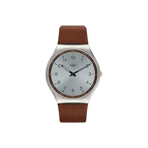 SWATCH Skin Irony Collection Кварцевый механизм Унисекс Часы 42 мм Серебристый циферблат Корпус из нержавеющей стали Кожаный ремешок