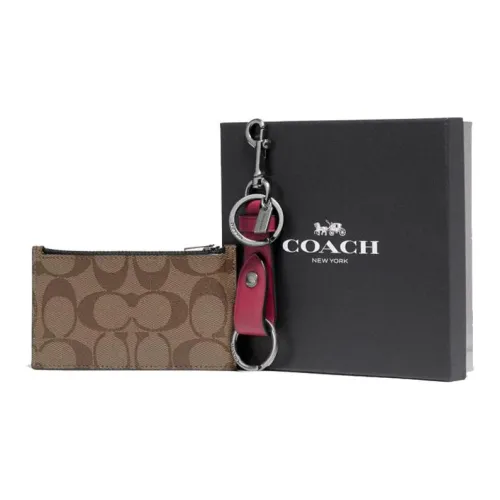 COACH Boxed Холст с кожей Карман для карт с брелоком Коробка Женская Темно-коричневый и Красный