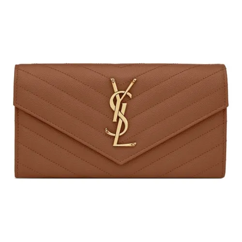 SAINT LAURENT Монограмма Quilted Кожа Конверт Сумка Кошелек Большой Женские Темный Естественный Коричневый