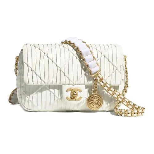 CHANEL Classic Flap CF Coin Collection С рельефом Тисненый Телячья кожа Сумка через плечо Маленькая Женская Белая