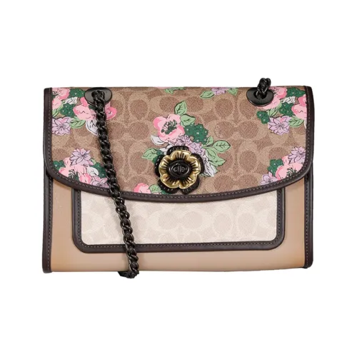 COACH Паркер Покрытый холст с телячьей кожей Сумка через плечо Средняя Женская Коричневый и Желтый с Эбеновый