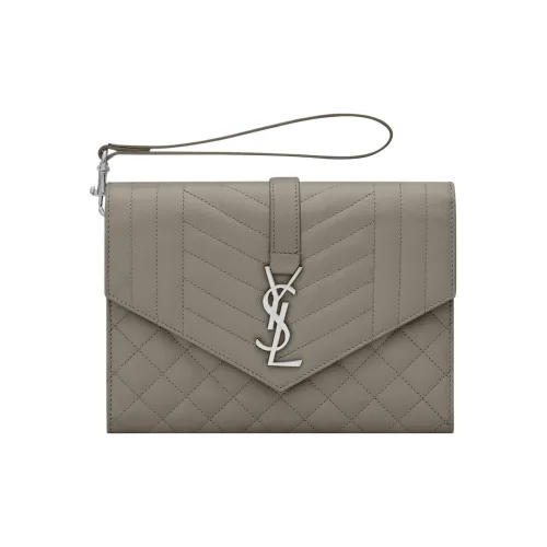SAINT LAURENT ENVELOPE GRAIN LEATHER Clutch Women's Lime Gray