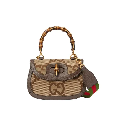 GUCCI Bamboo 1947 Холст с кожей Сумка из холста Сумка через плечо Сумка Маленькая Женская