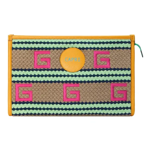 GUCCI Ткань с кожаными вставками клатч женский желтый зеленый розовый