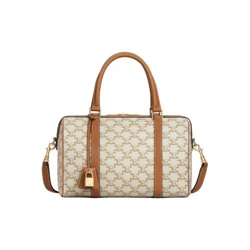 CELINE Triomphe Холст And Телячья кожа Бостон Сумка Плечевая сумка Путешественная сумка Сумка Унисекс Белый Рыжевато-коричневый