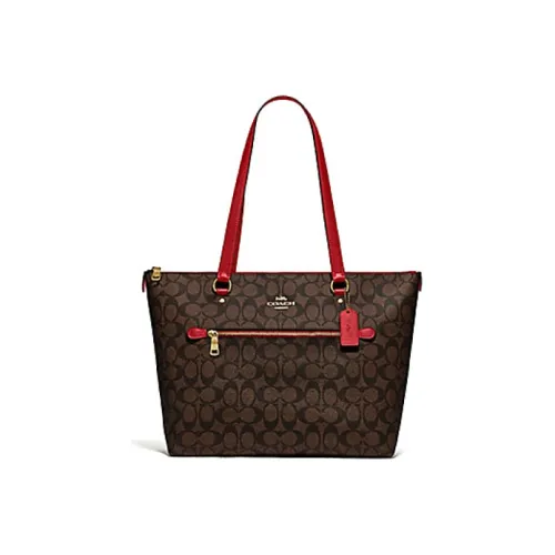 COACH Canvas с кожаными вставками тоут сумка сумка для покупок сумка через плечо женская темно-коричневый и красный