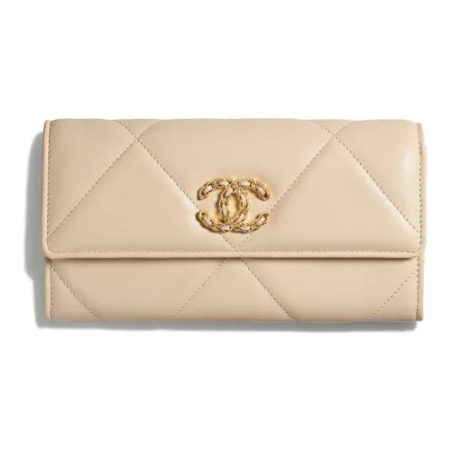 CHANEL 19Bag Sheepskin Long Wallet Women's Beige
