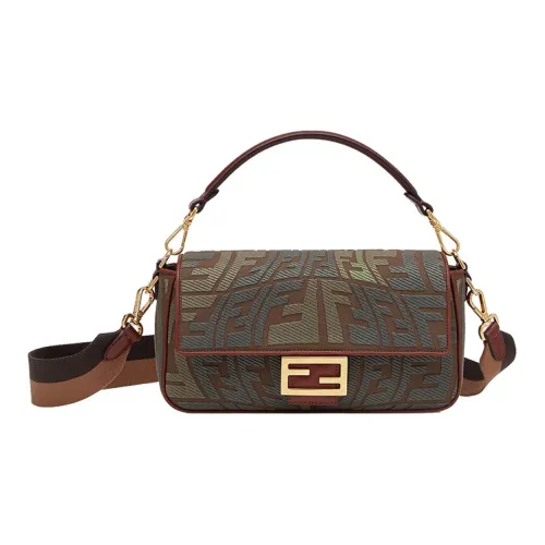 FENDI Baguette Холст с кожей Багетная сумка Сумка через плечо Сумка среднего размера Женская Коричневый и Темно-зеленый