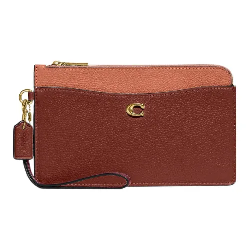 COACH L Zip Коровья кожа Запястье Сумка Мелочь Кошелек Клатч Маленький Женские Телесный Седло Коричневый