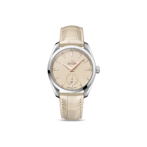 OMEGA AQUA TERRA 150 метров Автоматический Механический Механизм Женские Часы 38 мм Желтый Циферблат Часов Естественный Кожа Ремешок