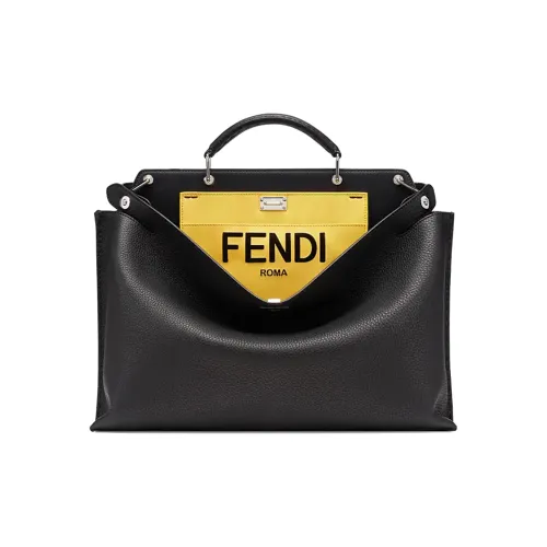 FENDI Peekaboo Корова Кожа Доска Сумка на Одно Плечо Мужская Черная и Желтая