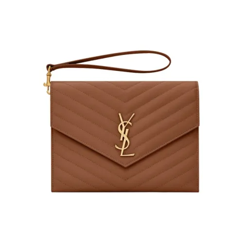 SAINT LAURENT Монограмма Телячья кожа Клатч Женские Темная умбровая