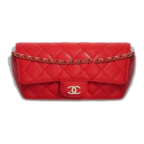 CHANEL Икорный Корова Кожа Цепь Через плечо Чехол для Очков с Откидной Крышкой Стекло Хранение Коробка Женские Красный
