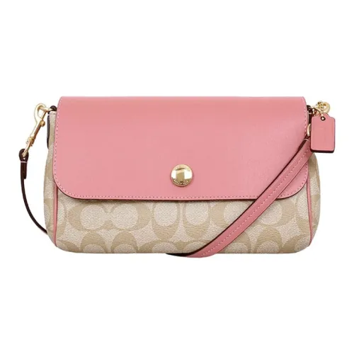 COACH Canvas Кожаная вставка Сумка через плечо Женская Винтаж Розовый и Светлый хаки Монограмма