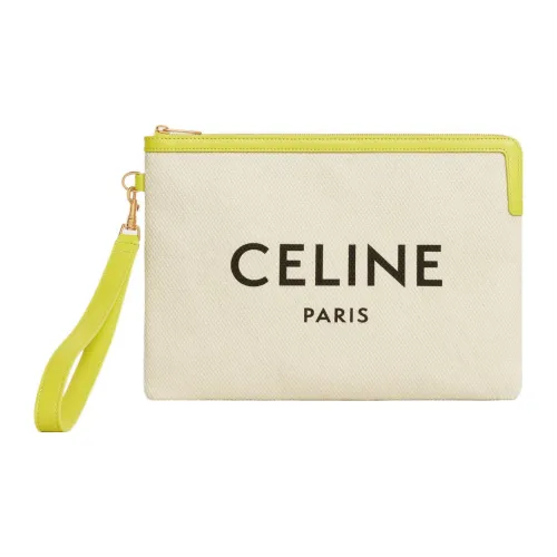 CELINE Корова Кожа Ткань Сумка Клатч Маленькая Женская Бежевая Желтая