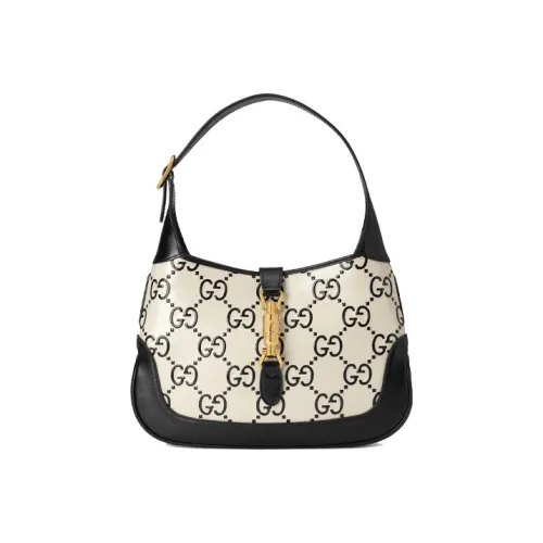 GUCCI Jackie 1961 Холст с кожей Комбинированный Лунный Сумка на плечо Сумка на плечо Маленький Женская Белая Черная Многоцветная