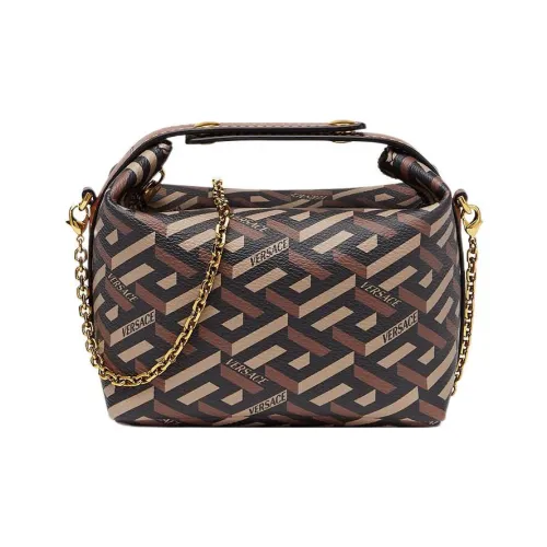 VERSACE La Greca Покрытие Холст Сумка Мини Женская Черная+Карамель