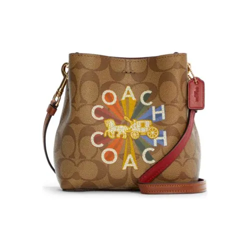 COACH Town Эбеновая кожа ведрообразная сумка сумка через плечо маленькая женская хаки многоцветная