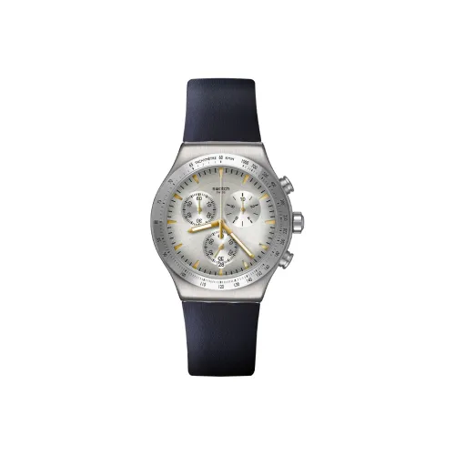 SWATCH Irony Collection Кварцевый механизм Унисекс Часы 43 мм Серебристый циферблат Корпус из нержавеющей стали Кожаный ремешок YVS460