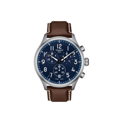 TISSOT CHRONO XL VINTAGE Collection Кварцевый механизм Мужские часы 45 мм Синий циферблат Корпус из нержавеющей стали Кожаный ремешок